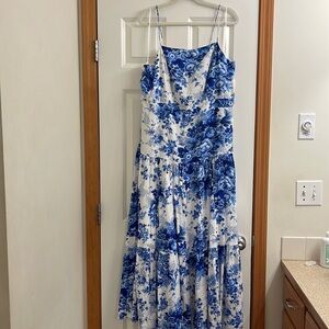 Anthropologie Maeve Drop-Waist Dress in blue and white floral pattern, size 2x.